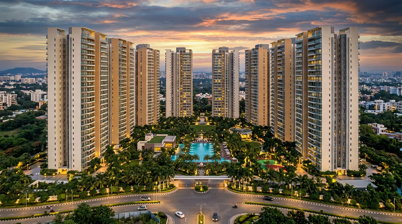 TVS Emerald Avalon residential towers at dusk in Pallavaram, South Chennai